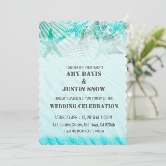 Turquoise seashell en starfish bruiloft kaart (Staand voorkant)
