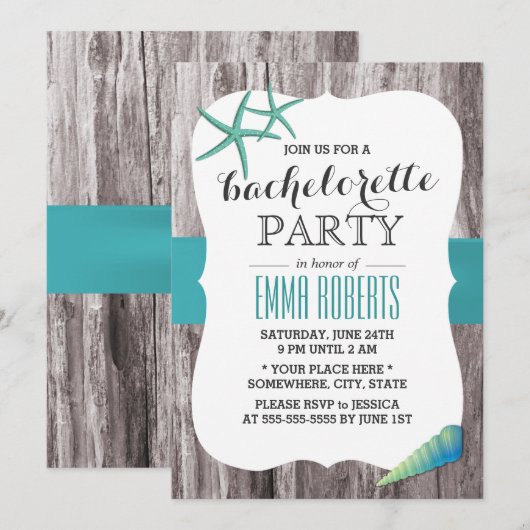 Turquoise Seashells Beach Theme Bachelorette Party Kaart (Voorkant / Achterkant)