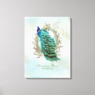 Turquoise Shabby Peacock - Gewatteerd Canvas Afdruk