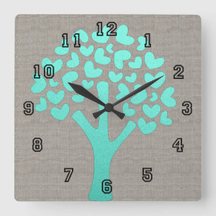 Turquoise Shimmer Tree of Hearts Beige Linen Kijk Vierkante Klok