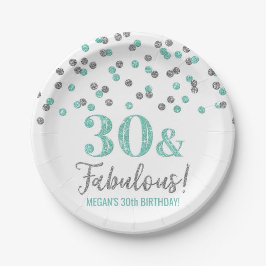 Turquoise Silver Confetti 30 en Fabulous Papieren Bordje (Voorkant)