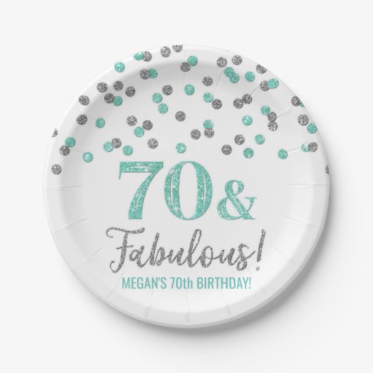 Turquoise Silver Confetti 70 en Fabulous Birthday Papieren Bordje (Voorkant)