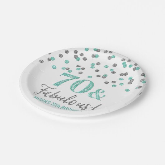 Turquoise Silver Confetti 70 en Fabulous Birthday Papieren Bordje (Gekanteld)