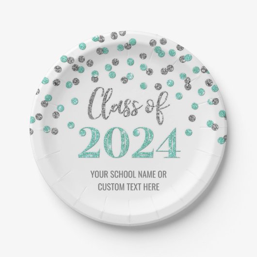 Turquoise Silver Confetti Afstuderen 2024 Papieren Bordje (Voorkant)