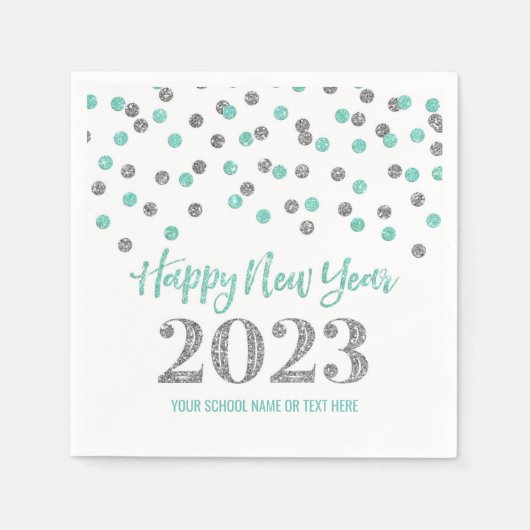 Turquoise Silver Confetti Happy Nieuwjaar 2023 Servet (Voorkant)