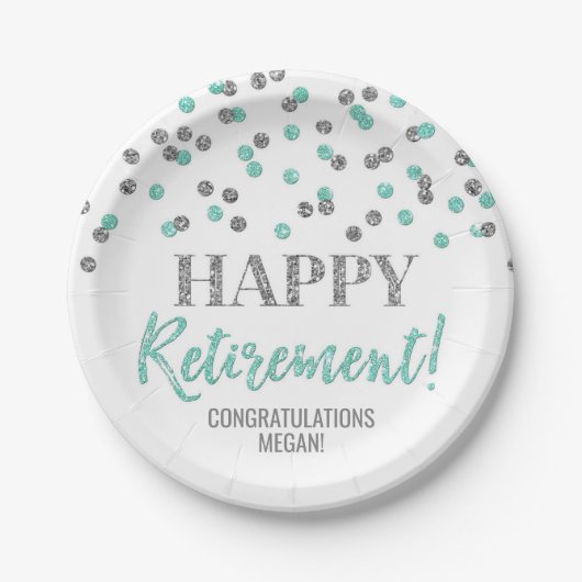 Turquoise Silver Confetti Happy Retirement Papieren Bordje (Voorkant)