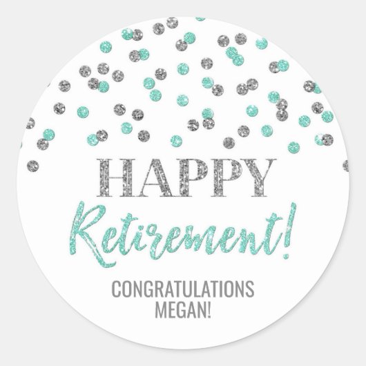 Turquoise Silver Confetti Happy Retirement Ronde Sticker (Voorkant)