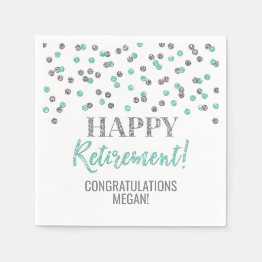 Turquoise Silver Confetti Happy Retirement Servet (Voorkant)
