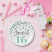Turquoise Silver Confetti Sweet 16 Birthday Party Papieren Bordje (Feest)