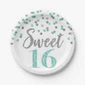 Turquoise Silver Confetti Sweet 16 Birthday Party Papieren Bordje (Voorkant)
