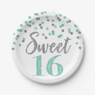 Turquoise Silver Confetti Sweet 16 Birthday Party Papieren Bordje