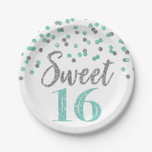 Turquoise Silver Confetti Sweet 16 Birthday Party Papieren Bordje (Voorkant)