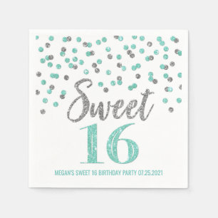 Turquoise Silver Confetti Sweet 16 Birthday Servet