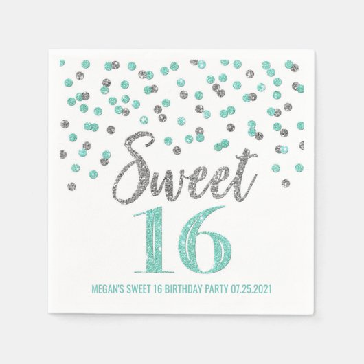 Turquoise Silver Confetti Sweet 16 Birthday Servet (Voorkant)