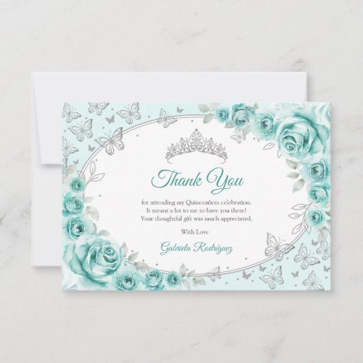 Turquoise Silver  Floral Quinceanera Bedankkaart (Voorkant)