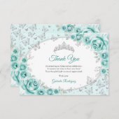 Turquoise Silver  Floral Quinceanera Bedankkaart (Voorkant / Achterkant)