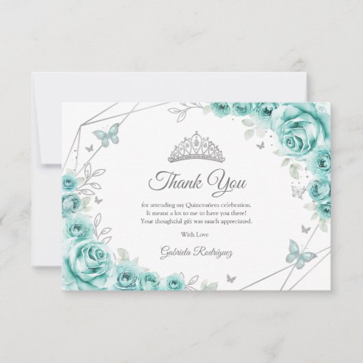 Turquoise Silver Floral Quinceanera Bedankkaart (Voorkant)