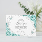 Turquoise Silver Floral Quinceanera Bedankkaart (Staand voorkant)