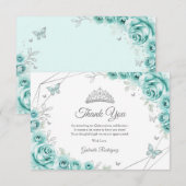 Turquoise Silver Floral Quinceanera Bedankkaart (Voorkant / Achterkant)