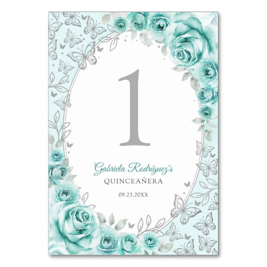 Turquoise Silver Floral Quinceanera Kaart (Voorkant)
