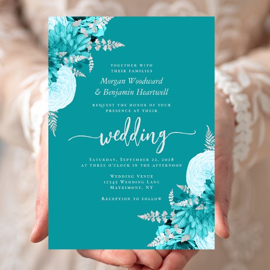 Turquoise Silver Floral Wedding Kaart