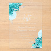 Turquoise Silver Floral Wedding Save the Date Acryl Uitnodigingen (Voorkant)