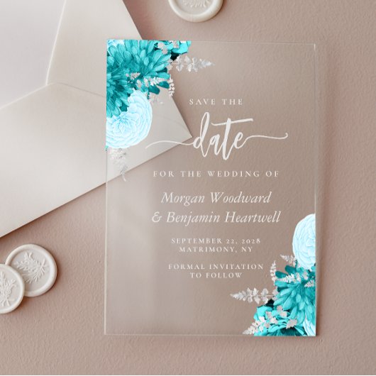 Turquoise Silver Floral Wedding Save the Date Acryl Uitnodigingen