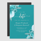 Turquoise Silver Floral Wedding Save the Date Magnetische Uitnodiging (Voorkant / Achterkant)