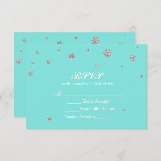 Turquoise & Silver Glitter Confetti RSVP (Voorkant / Achterkant)