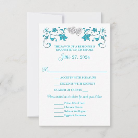 Turquoise, Silver Love Hearts Bruiloft RSVP Kaart (Voorkant)