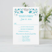 Turquoise, Silver Love Hearts Bruiloft RSVP Kaart (Staand voorkant)