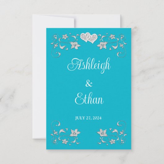 Turquoise, Silver Love Hearts Bruiloft RSVP Kaart (Achterkant)