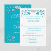 Turquoise, Silver Love Hearts Bruiloft RSVP Kaart (Voorkant / Achterkant)