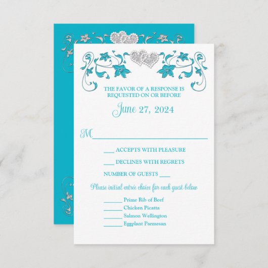 Turquoise, Silver Love Hearts Bruiloft RSVP Kaart (Voorkant / Achterkant)