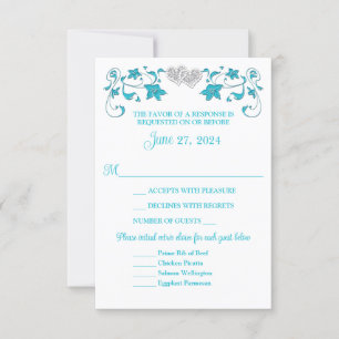 Turquoise, Silver Love Hearts Bruiloft RSVP Kaart