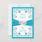 Turquoise, Silver Love Hearts Bruiloft RSVP Kaart  (Voorkant)