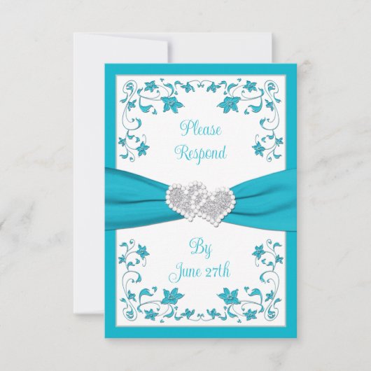 Turquoise, Silver Love Hearts Bruiloft RSVP Kaart  (Voorkant)