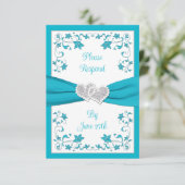 Turquoise, Silver Love Hearts Bruiloft RSVP Kaart  (Staand voorkant)