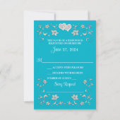 Turquoise, Silver Love Hearts Bruiloft RSVP Kaart  (Achterkant)