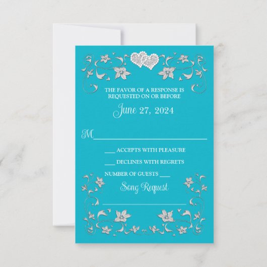 Turquoise, Silver Love Hearts Bruiloft RSVP Kaart  (Achterkant)
