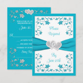 Turquoise, Silver Love Hearts Bruiloft RSVP Kaart  (Voorkant / Achterkant)