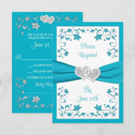 Turquoise, Silver Love Hearts Bruiloft RSVP Kaart (Voorkant / Achterkant)