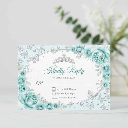 Turquoise Silver Quinceanera Reply RSVP Kaartje (Staand voorkant)