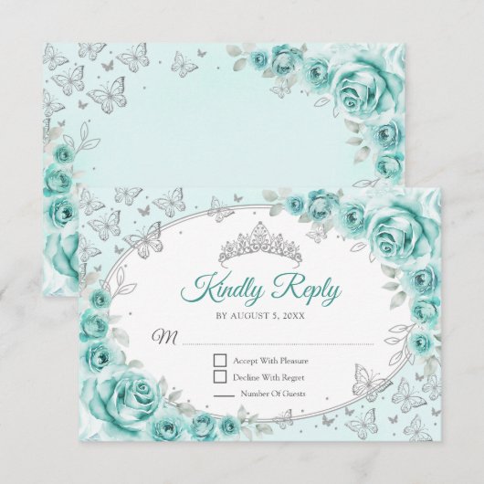 Turquoise Silver Quinceanera Reply RSVP Kaartje (Voorkant / Achterkant)