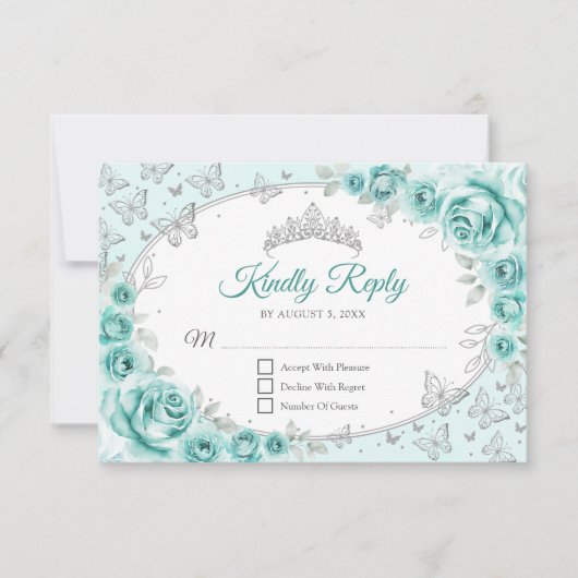 Turquoise Silver Quinceanera Reply RSVP Kaartje (Voorkant)