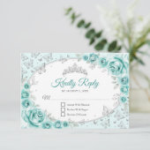 Turquoise Silver Quinceanera Reply RSVP Kaartje (Staand voorkant)