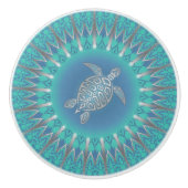Turquoise Silver Turtle Mandala Ceramic Knob. Keramische Knop (Voorkant)