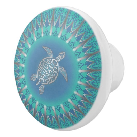Turquoise Silver Turtle Mandala Ceramic Knob. Keramische Knop (Rechts)