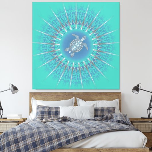 Turquoise Silver Turtle Mandala Coastal Canvas Afdruk (Insitu (Slaapkamer))