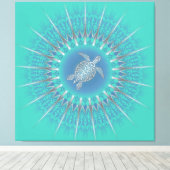 Turquoise Silver Turtle Mandala Coastal Canvas Afdruk (Insitu (Houten vloer))